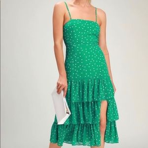 Lulus Nellie Green Polka Dot Ruffled Midi Dress